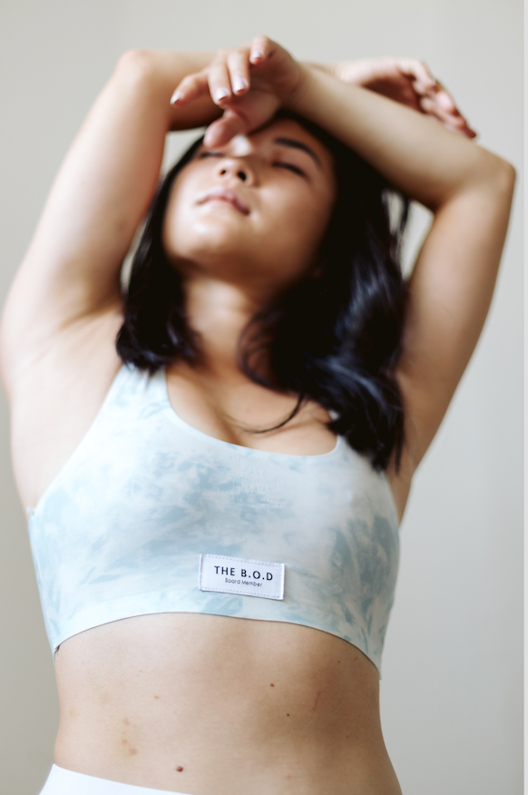 The B.O.D&nbsp;Nearly Nude Bralette in a blue and white pattern. The Board of Directors tie dye bra in blue and white