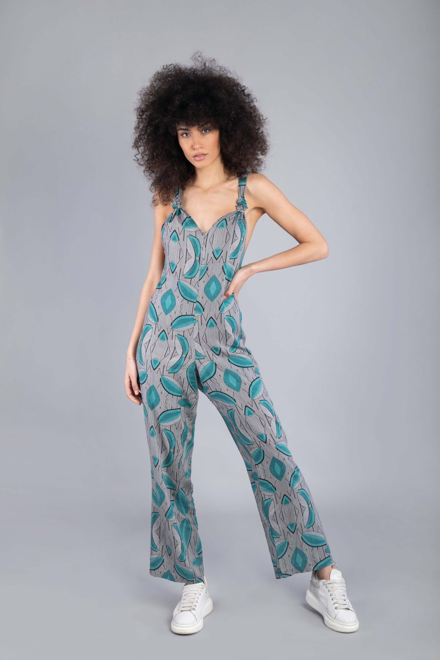 Junglaya turquoise jumpsuit, front view, $75- THE B.O.D